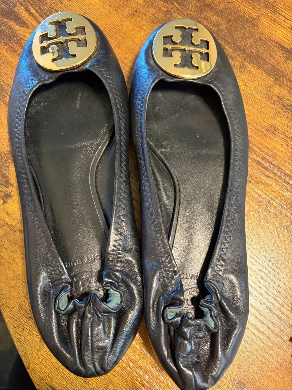 Tory Burch Black Leather Ballet Flats with Gold Logo Emblem